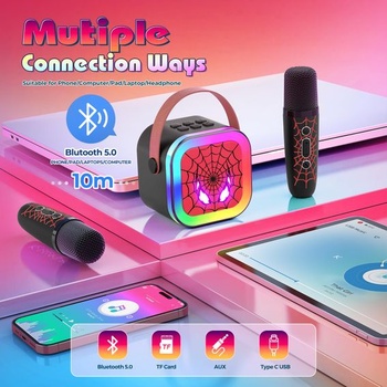 Braxel Karaoke automat se 2 Bluetooth mikrofony, hračka pavouk pro chlapce ve věku 3-12 let, černá