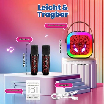 Braxel Karaoke automat se 2 Bluetooth mikrofony, hračka pavouk pro chlapce ve věku 3-12 let, černá