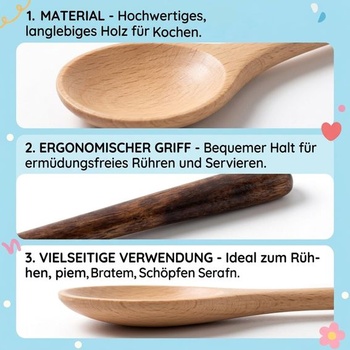 Sada 3 dřevěných vařeček, praktické dřevěné lžíce na míchání, smažení a servírování, 27,5 cm,