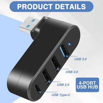 Otočný USB 3.0 Hub o 90 ° / 180 °, 4portový rozbočovač s 3 USB-A a 1 USB-C porty, ideálny pre