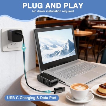 Otočný USB 3.0 Hub o 90 ° / 180 °, 4portový rozbočovač s 3 USB-A a 1 USB-C porty, ideálny pre