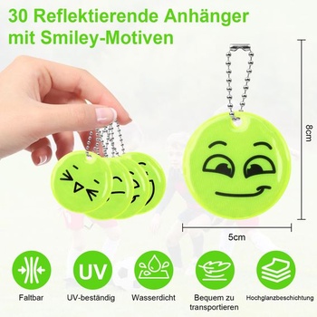 30 reflexních prvků s usměvavými obličeji na dětské klíčenky