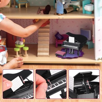 Yardwe Mini piano dekorácia do domčeka pre bábiky so stoličkou, kompaktný miniatúrny model piano