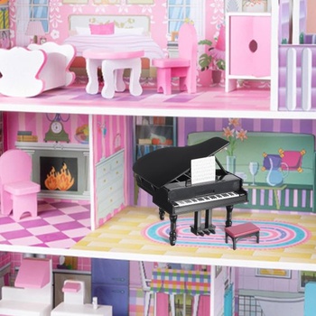 Yardwe Mini piano dekorácia do domčeka pre bábiky so stoličkou, kompaktný miniatúrny model piano