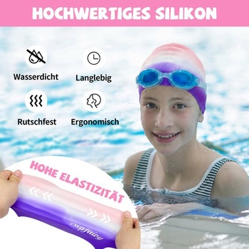 Silikonová plavecká čepice Nepfaivy pro děti 6-12 let, vodotěsná plavecká čepice růžová + fialová
