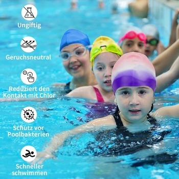 Silikónová plavecká čiapka Nepfaivy pre deti 6-12 rokov, vodotesná plavecká čiapka ružová + fialová
