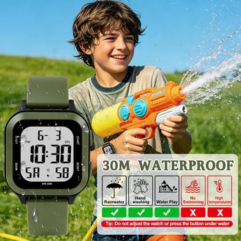 Digitální dětské hodinky pro chlapce i dívky, armádně zelené