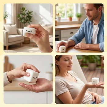 Sada mačkadel, měkké a měkké figurky v bílé barvě s minimalistickými obličeji, kulaté krychlové a