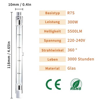 Halogénová žiarovka Mofomo R7S 118 mm 300 W 230 V, stmievateľná, teplá biela 5500 lm, lineárna lampa
