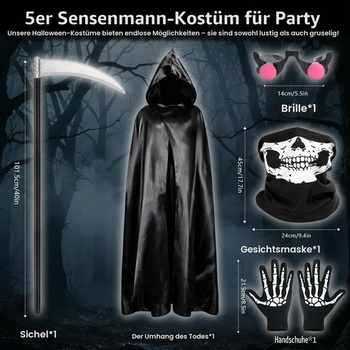 Sada kostýmu Smrtky, strašidelný halloweensky kostým pre dospelých a deti, 120/150/170/190 cm