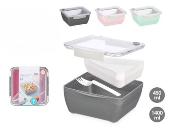 Olovrantový box s 2 priehradkami, 1400 ml a 450 ml, vzduchotesný, s vidličkou, vhodný do mikrovlnnej