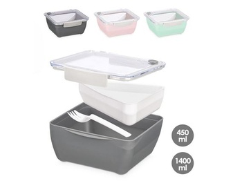 Olovrantový box s 2 priehradkami, 1400 ml a 450 ml, vzduchotesný, s vidličkou, vhodný do mikrovlnnej