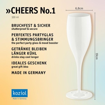 Pohár Koziol s nápisom CHEERS č. 1, nerozbitný a nárazuvzdorný pohár na šampanské, vyrobený z