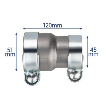 Redukčný konektor výfuku 120mm, výfuková svorka 45-51mm, redukčný konektor, redukčný spojovací kus,