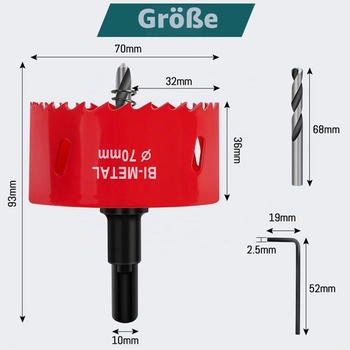 70mm děrovka, univerzální bimetalové děrovky HSS M42, 1 kus, ø70 mm