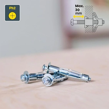 Rýchlokovová dutinová kotva M5 so skrutkou do sadrokartónu 6–21 mm, 10 kusov do 40 kg (6–21 mm), malé