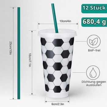 Yuragim 12dielna sada futbalových kelímkov 710ml/24oz, opakovane použiteľné plastové kelímky s viečkom