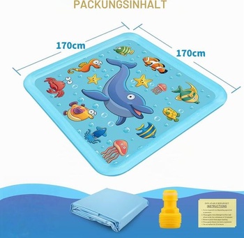 KAHEIGN Splash Pad 170cm čtvercová vodní hrací podložka – Dětská vodní hrací podložka do letní