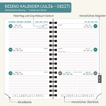 BEZEND Kapesní kalendář 2026 2027 Malý týdenní kalendář A6 15,5 x 9 cm A6 15,5 x 9 cm 2026 - 2027
