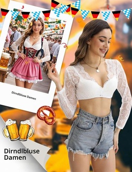 Dámska dirndl blúzka, dlhý rukáv, čipková blúzka dirndl, biela tradičná blúzka, výstrih do V,