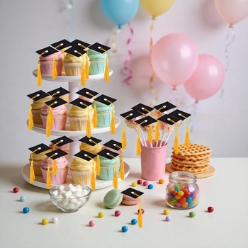 Mini promočné čiapky so strapcami, 50 kusov, malé ozdoby na promočné čiapky, ozdoby na muffiny, ozdoby