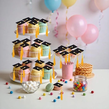 Mini promoční čepice se střapci, 50 kusů, malé ozdoby na promoční čepice, ozdoby na muffiny, ozdoby