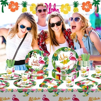 Moerstar Hawaii Party Decoration Tropical Flower Party Set nádobí s papírovými talíři, papírovými