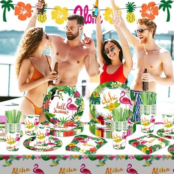 Moerstar Hawaii Party Decoration Tropical Flower Party Set nádobí s papírovými talíři, papírovými