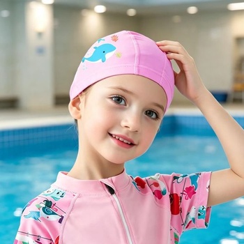 Dívčí plavecká čepice, děti 4-9 let, plavecká čepice, PU materiál, růžová mořská panna