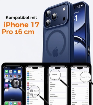 Magnetický kryt pre iPhone 17 Pro s ochranou displeja, tmavo modrý.