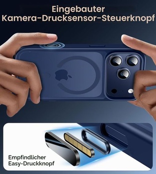 Magnetický kryt pre iPhone 17 Pro s ochranou displeja, tmavo modrý.