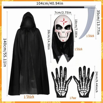 Halloweensky plášť, čierny plášť s kapucňou + halloweenska maska ​​na tvár + kostlivé rukavice +