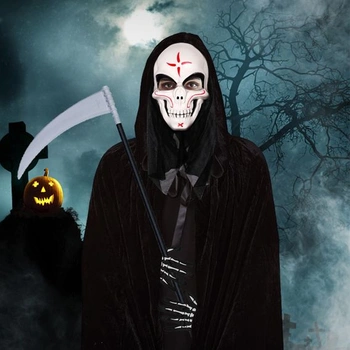 Halloweensky plášť, čierny plášť s kapucňou + halloweenska maska ​​na tvár + kostlivé rukavice +