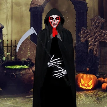 Halloweensky plášť, čierny plášť s kapucňou + halloweenska maska ​​na tvár + kostlivé rukavice +