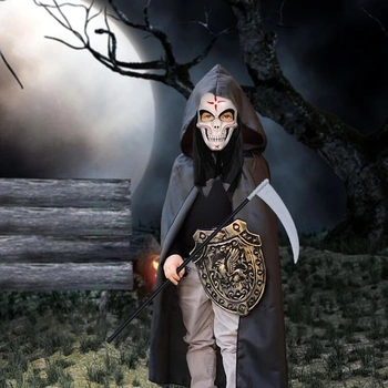 Halloweensky plášť, čierny plášť s kapucňou + halloweenska maska ​​na tvár + kostlivé rukavice +