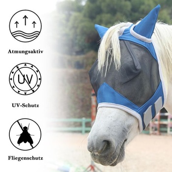 Maska proti hmyzu pro koně s ušima a otvorem na čele – prodyšná síťovina a UV ochrana, modrá pony