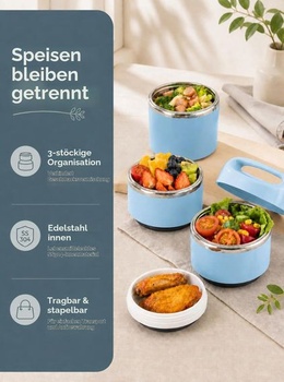 Lille Home Stohovateľný obedový box z nerezovej ocele, 3 poschodia, 1380 ml modrý