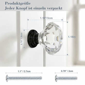 OAMCEG Sada 6 krištáľových nábytkových úchytiek, diamantové úchytky do zásuviek s čiernou základňou,