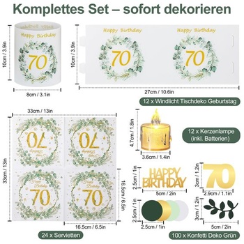 Stolní dekorace k 70. narozeninám, eukalyptově zelená narozeninová dekorace, 4 kusy, 70. narozeniny.