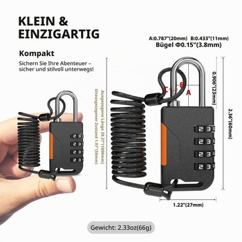 Zámok na lyže, 4miestny kombinačný zámok s predlžovacím lankom (91 cm), kombinačný káblový zámok