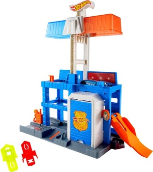 Herná sada Hot Wheels City Downtown Police Tower a policajné auto s tlakovo liatym výliskom