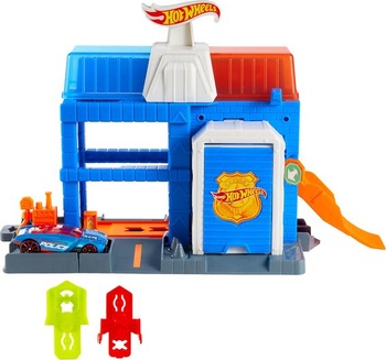 Herná sada Hot Wheels City Downtown Police Tower a policajné auto s tlakovo liatym výliskom