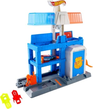 Herná sada Hot Wheels City Downtown Police Tower a policajné auto s tlakovo liatym výliskom