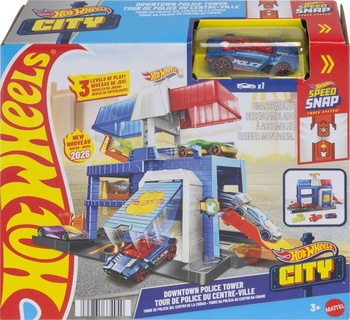 Herná sada Hot Wheels City Downtown Police Tower a policajné auto s tlakovo liatym výliskom