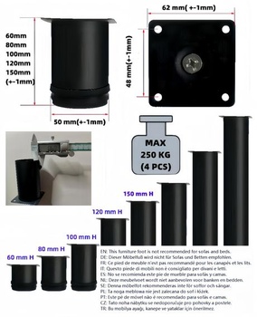 4 nastaviteľné nábytkové nohy, výškovo nastaviteľné (0-15 mm) - nerezová oceľ (0,6 mm) - ABS