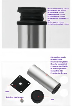 4 nastavitelné nábytkové nohy, výškově nastavitelné (0-15 mm) - nerezová ocel (0,6 mm) - ABS