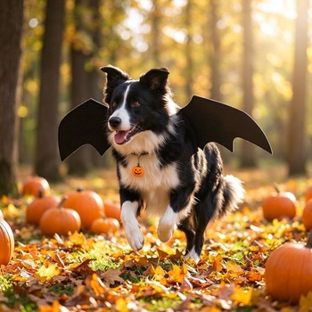 Halloweensky kostým psa s netopierími krídlami a tekvicovou dekoráciou, čierny, veľkosť M