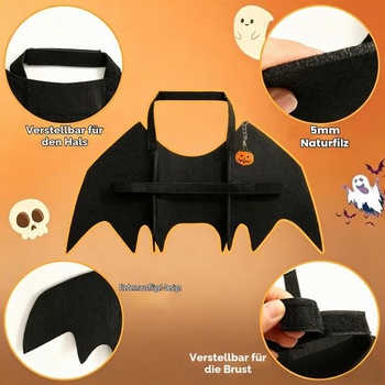 Halloweensky kostým psa s netopierími krídlami a tekvicovou dekoráciou, čierny, veľkosť M