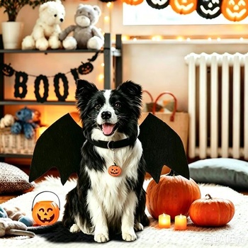 Halloweensky kostým psa s netopierími krídlami a tekvicovou dekoráciou, čierny, veľkosť M