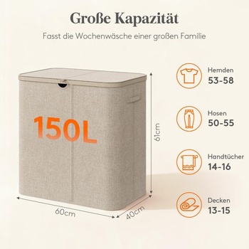 Koš na prádlo Lifewit 150 l s víkem a 3 přihrádkami, béžový Béžový 150 l (3 přihrádky)